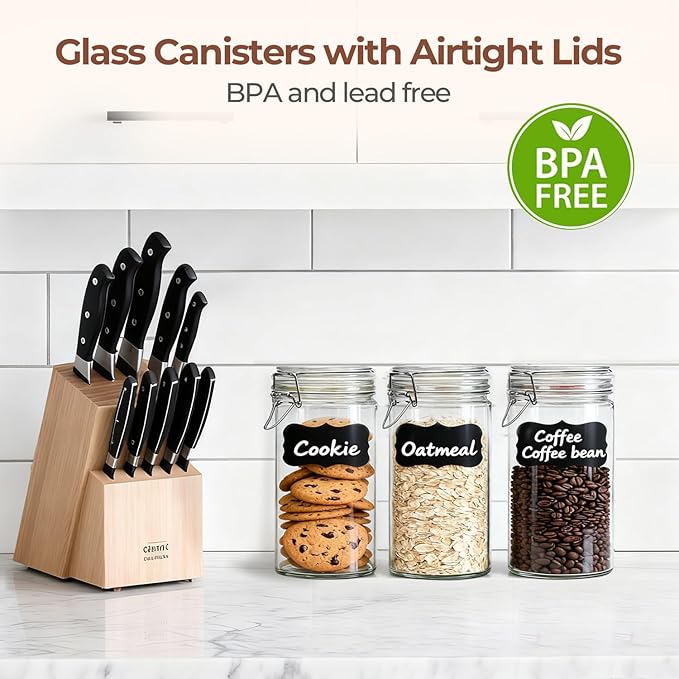 ComSaf Glass Pantry Jars with Airtight Lids 34 oz 3 Pack Coffee Canisters
