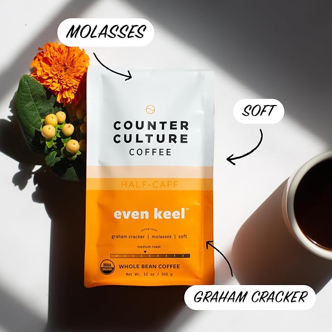 Counter Culture Whole Bean Organic Coffee Half-Caff (Even Keel - Light Roast) Graham Cracker & Molasses - Sustainably Sourced - B Corp - Organic Coffee Beans - Kosher, Gluten Free, Nut Free - 12oz Bag