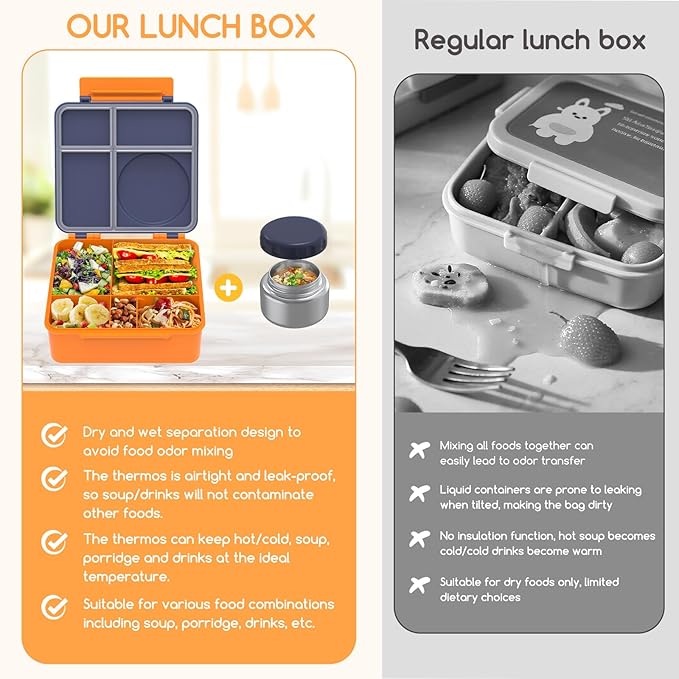 JoyYum Bento Box for Kids - Leak-Proof Bento Lunch Box with Insulated Thermo Food Jar - 4 Compartments, 1 Removable Divider, 1 Spoon, 1 Fork - Dishwasher Safe, BPA-Free (Navy blue)