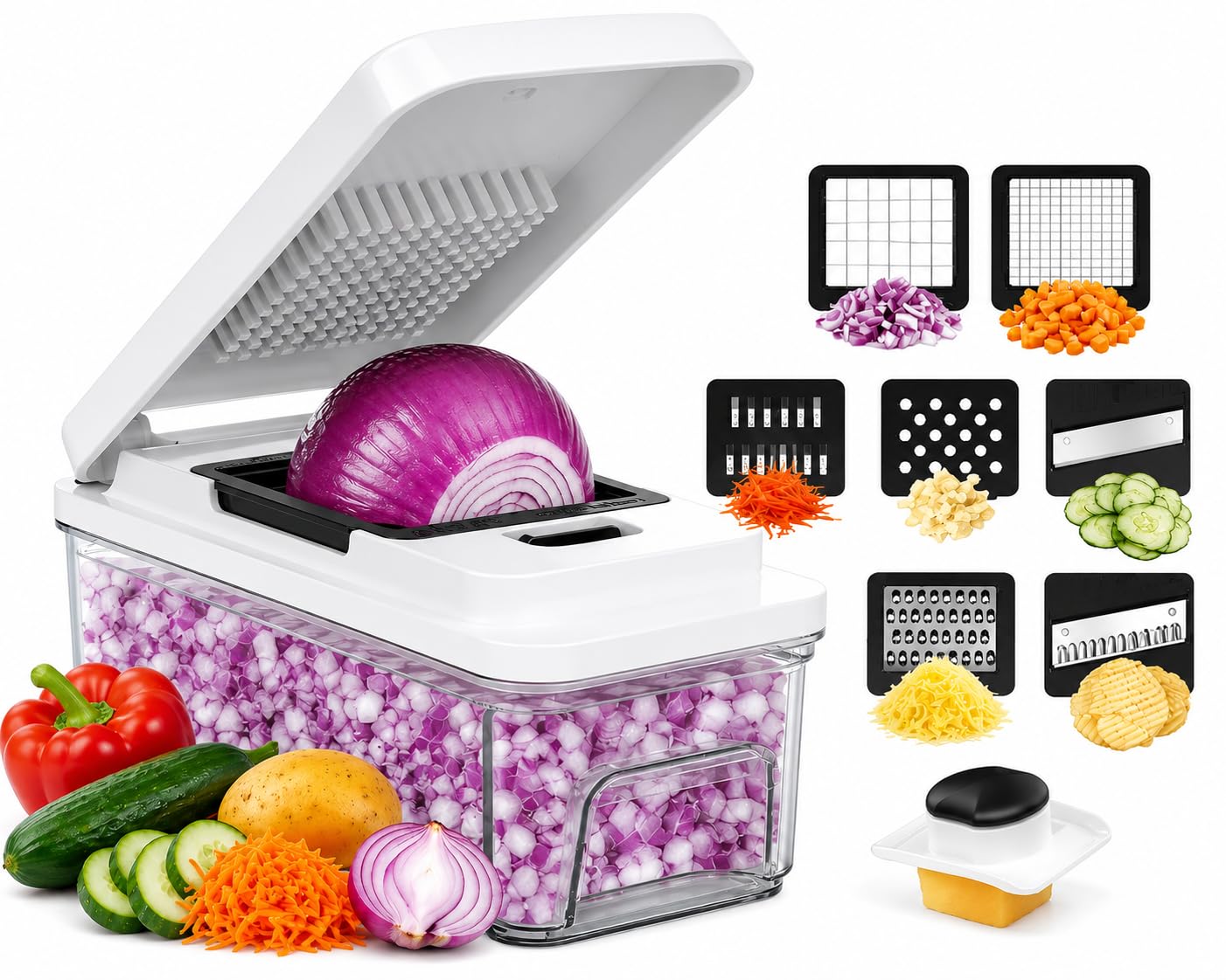 Food Chopper with Container, Veggie Chopper and Vegetable Chopper with 7 Stainless Steel Blades, Onion Chopper Dicer Cutter for Potato, Carrot, Garlic, Cubumber, Salad Meal Prep