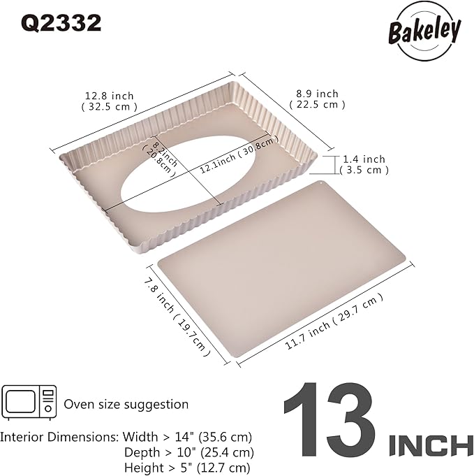 Bakeley Rectangle Tart Pan, 13-Inch with Removable Loose Bottom Non-Stick Oblong Quiche Bakeware for Oven Baking (Champagne Gold)