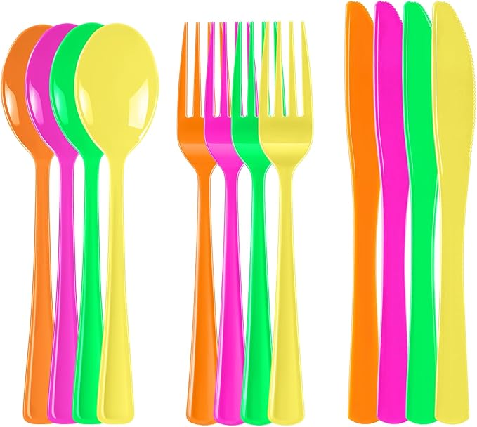 ALEXPRE 300 Pack Neon Party Disposable Plastic Silverware Heavy Duty, Plastic Cutlery Set, Forks and Spoons Knives Set for Birthday Party Prom Night, Weddings（Orange,Green, Hot Pink, Yellow Colors）