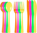 ALEXPRE 300 Pack Neon Party Disposable Plastic Silverware Heavy Duty, Plastic Cutlery Set, Forks and Spoons Knives Set for Birthday Party Prom Night, Weddings（Orange,Green, Hot Pink, Yellow Colors）