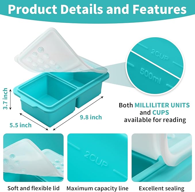 EuChoiz 2 Pack Silicone Freezer Tray Cubes 2 Cup with Date Mark Lids for Freezing Food Leftovers Sauces Portion and Lasagna Broth, Soup Freezer Molds for Meal Prepping Thick Enough