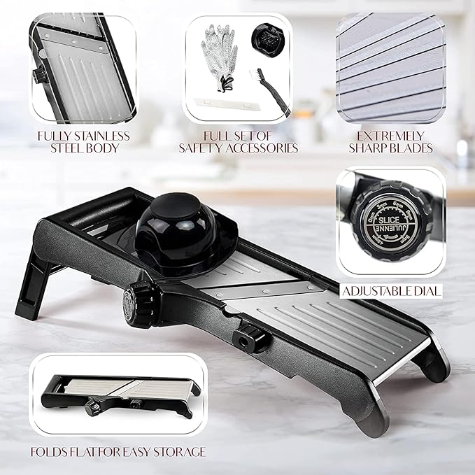 Gramercy Adjustable Mandoline Slicer for Kitchen, Potato Cutter, Vegetable Chopper, Mandolin, Cucumber Slicer- INCLUDING One Pair Cut-Resistant Gloves and Waffle Fry Cutter