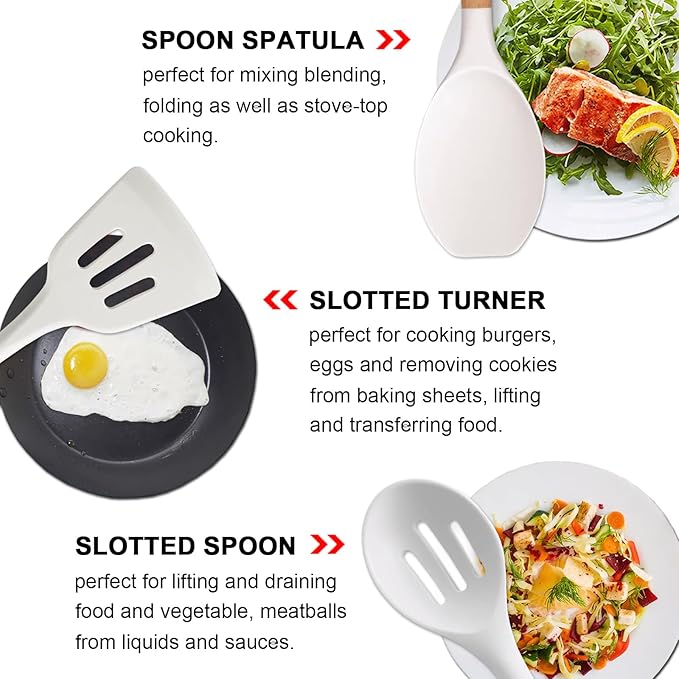 IOCBYHZ Kitchen Cooking Utensils Set 6Pcs Non-Stick Silicone Kitchen Utensils Spatula Spoon Turner Ladle Pasta Server, Heat Resistant Wooden Handle Silicone Cooking Gadgets Sets for Cookware & Baking