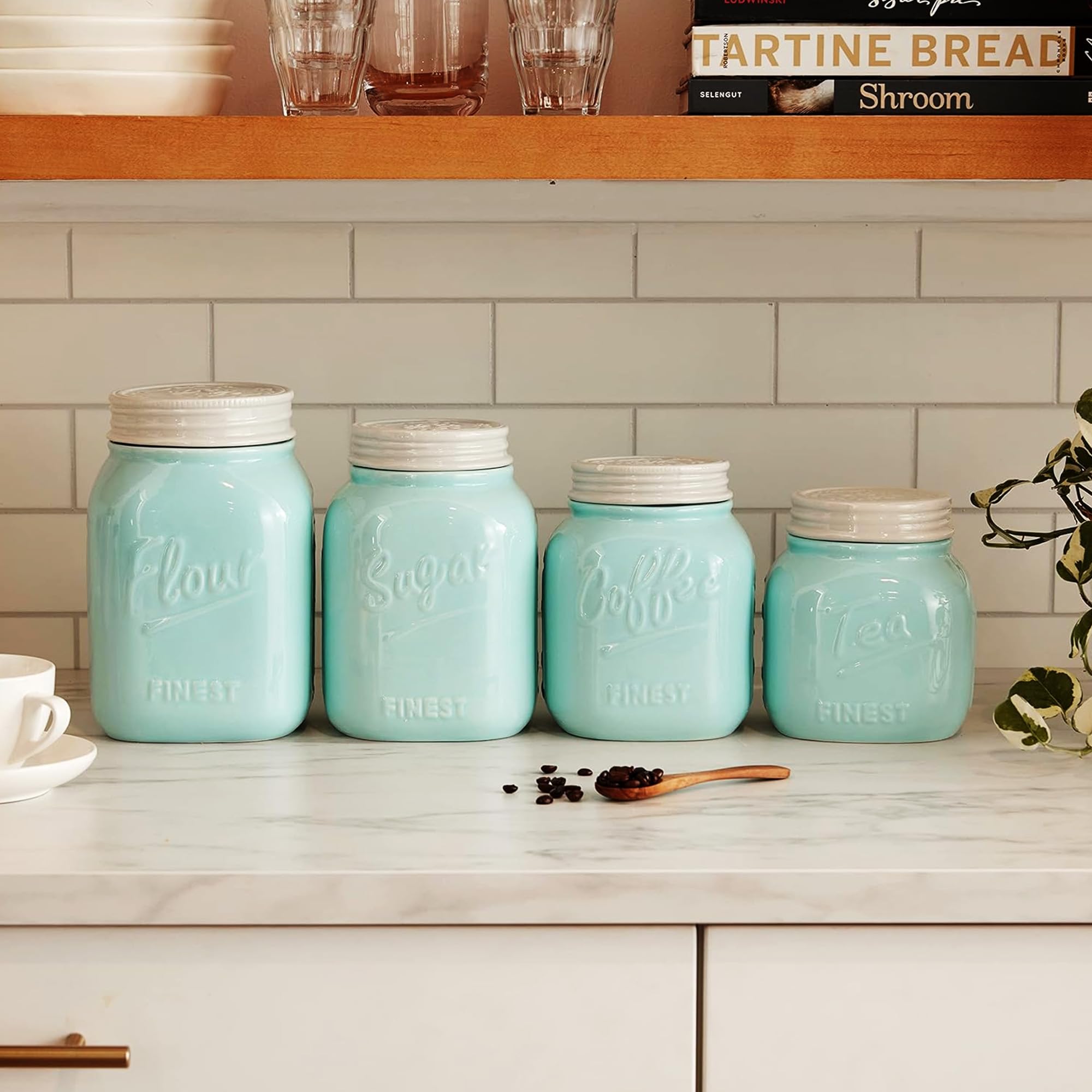 Young's Inc. 4 Pcs Set Casual Provincial Ceramic Canisters- Storage Container for Kitchen and Bathroom - Beautiful Home Decor Accent to Store Food, Coffee, Tea, and More - Green, White