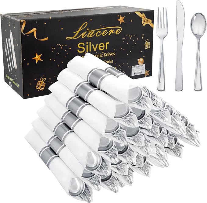 Liacere 100 Pack Silver Plastic Silverware-Pre Wrapped cutlery and Napkin-Pre Rolled Silverware Disposable 100 Forks, 100 Knives 100 Spoons, 100 Napkins Plastic Utensils＆Wedding