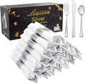 Liacere 100 Pack Silver Plastic Silverware-Pre Wrapped cutlery and Napkin-Pre Rolled Silverware Disposable 100 Forks, 100 Knives 100 Spoons, 100 Napkins Plastic Utensils＆Wedding