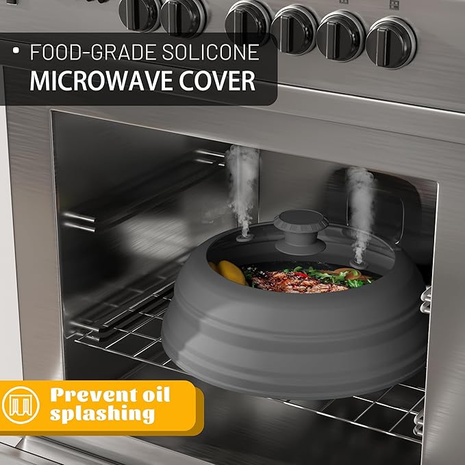 Microwave Splatter Cover, Vented Silicone & Glass Anti-Splatter Lid with Handle, Collapsible Food Plate Cover Fits 6–11 Inch Plates and Bowls (Gray, 10.8inch)
