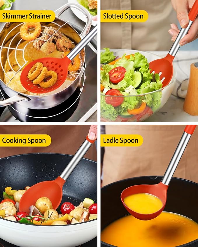 Silicone Cooking Utensils Set, 8 Pcs Kitchen Utensils with Holder, Red