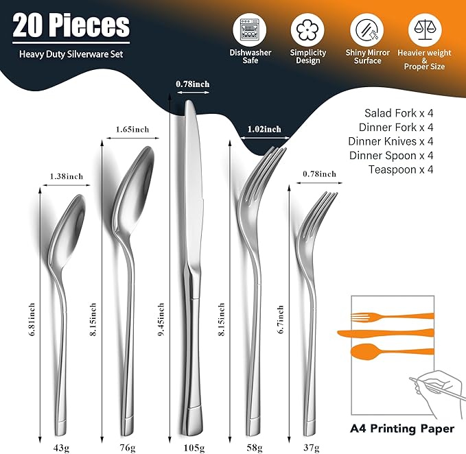 EIUBUIE Heavy Duty Silverware Set for 4, 20-Piece 18/10 Stainless Steel Flatware Set, Mirror Polished Cutlery Modern Kitchen Eating Utensil Durable Tableware Included Knife Fork Spoon, Dishwasher Safe