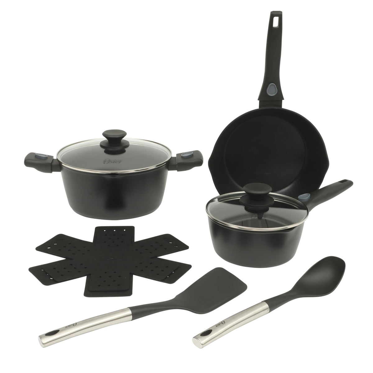 Oster SmartHandle Advance 13-Piece Ceramic Nonstick Cookware Set – Matte Black Finish, Gray Interior, Induction Base, Detachable Handles, Oven & Dishwasher Safe, With Utensils & Pan Protectors