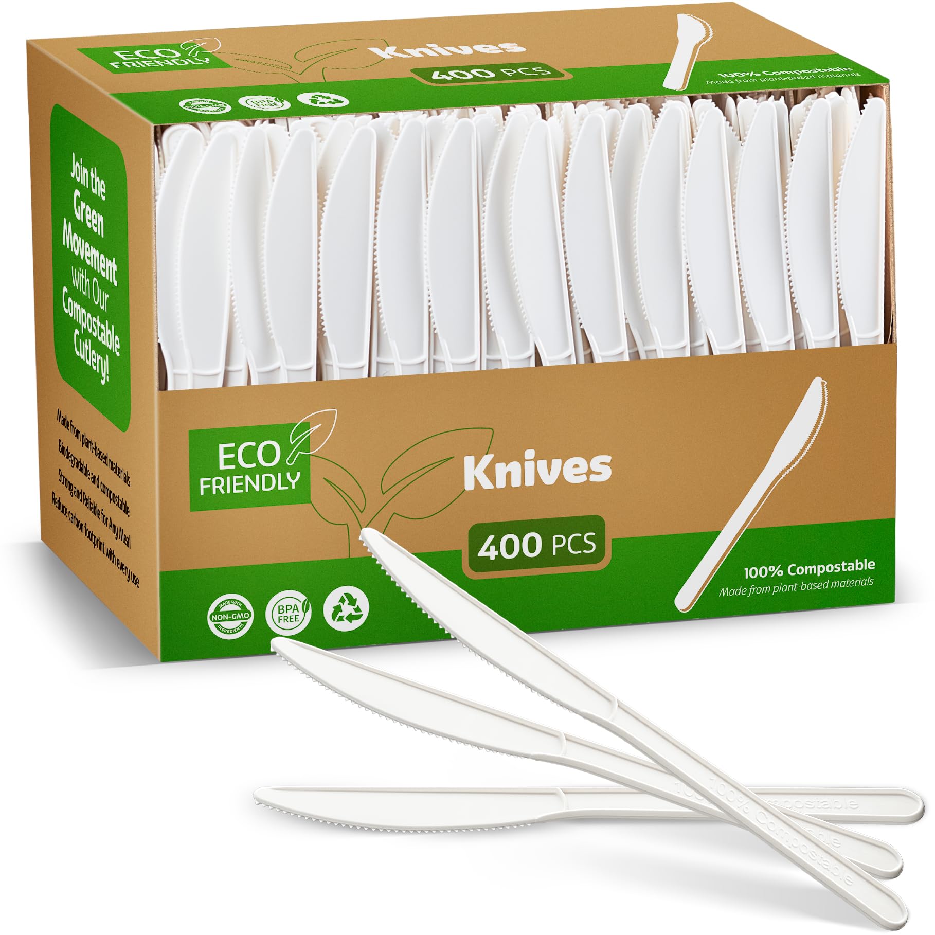 Elegant Disposables 100% Compostable PLA Knives Bulk Pack 400 Pcs Biodegradable Disposable Plastic Cutlery Utensils