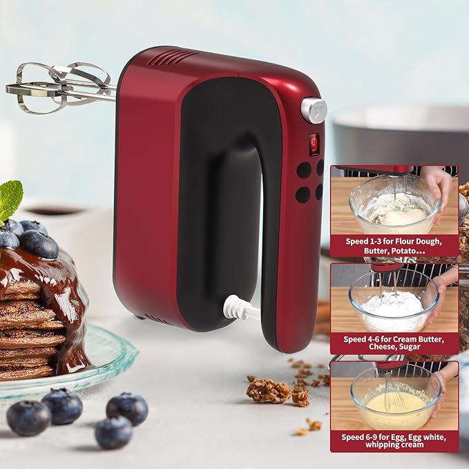 Yomelo 9-Speed Digital Hand Mixer Electric, 400W Powerful DC Motor, Hand Mixer Electric Handheld with Snap-On Storage Case, 5 Stainless Steel Accessories, Beaters, Dough Hooks, Whisk(Red)