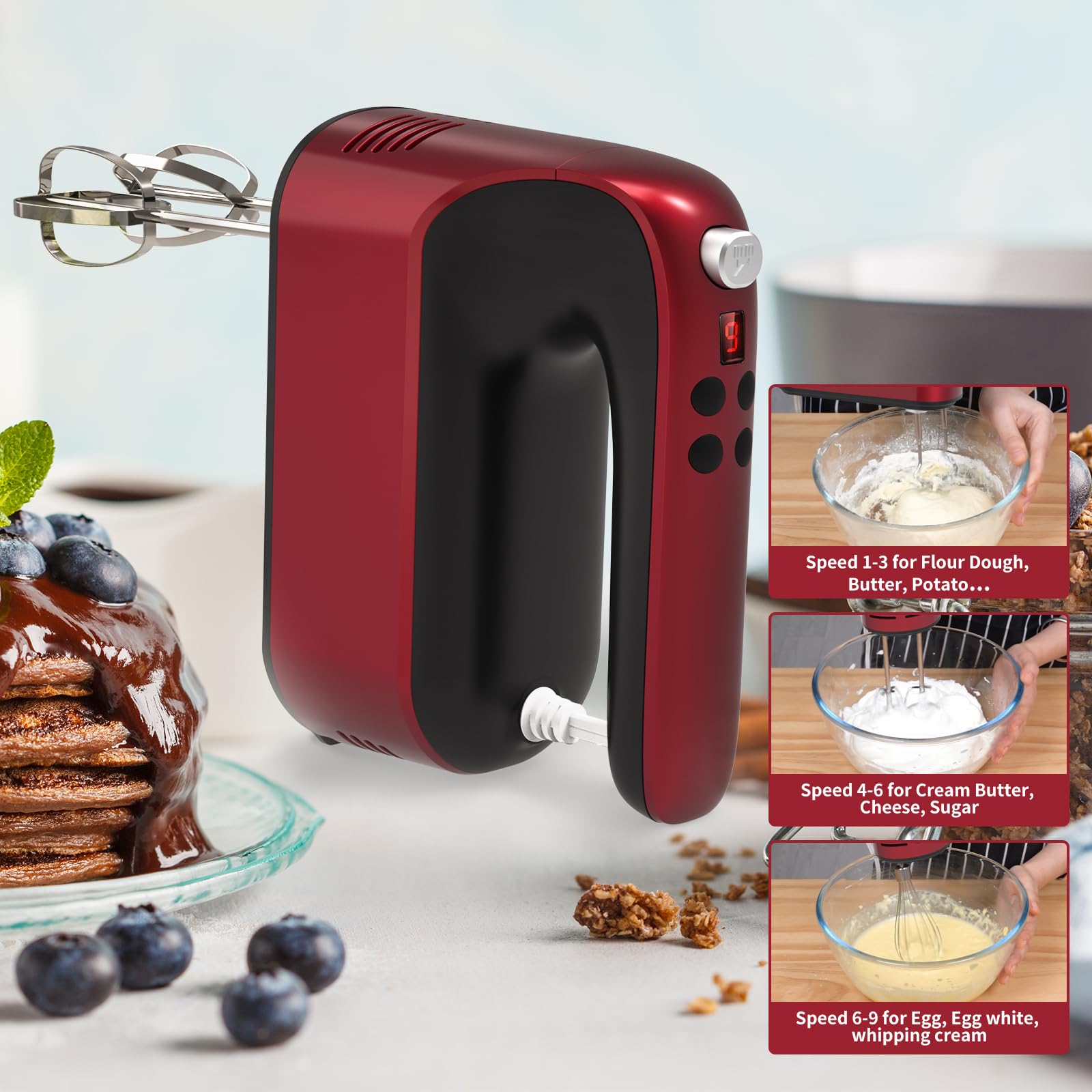 Yomelo 9-Speed Digital Hand Mixer Electric, 400W Powerful DC Motor, Hand Mixer Electric Handheld with Snap-On Storage Case, 5 Stainless Steel Accessories, Beaters, Dough Hooks, Whisk(Red)