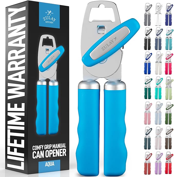 Zulay Kitchen Heavy Duty Stainless Steel Can Opener Manual with Bottle Opener - Rust Proof Manual Can Opener With Turn Knob & Comfy Soft Grip Handles - Aqua