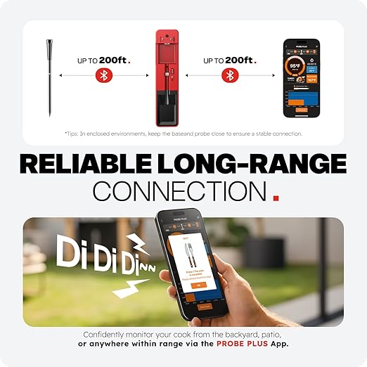 Wireless Meat Thermometer 6 Sensors Accuracy Digital Food Thermometer 0.5S Instant Read, IP67 Waterproof for BBQ, Grill, Smoker, Oven, Air Fryer,Red