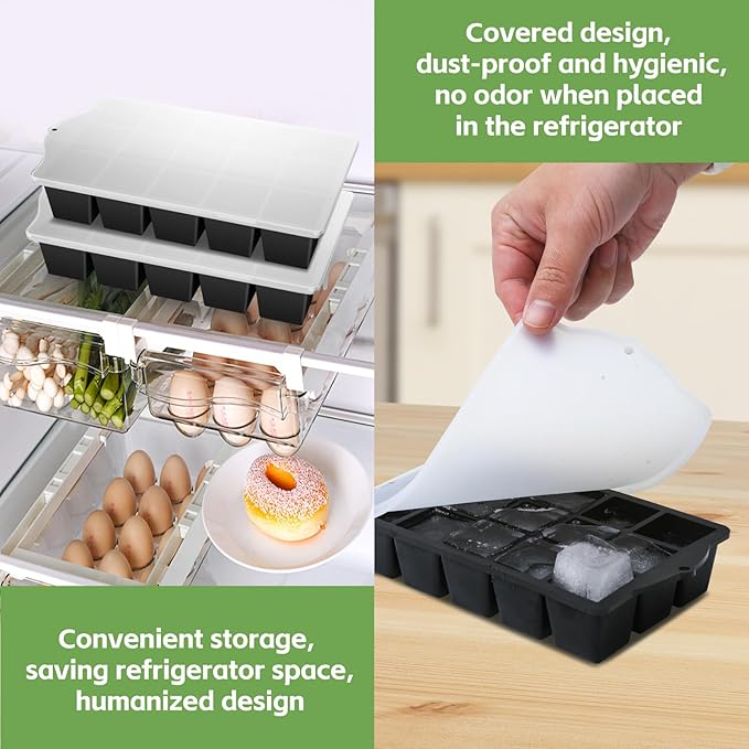 FANYITY Silicone Ice Cube Tray with Lid, Black, Pack of 2 Ice Cube Moulds, Silicone Mould, BPA-Free, Stackable Ice Cube Tray, Ice Cube Trays for Baby Porridge, Cocktail, Whiskey, Coffee