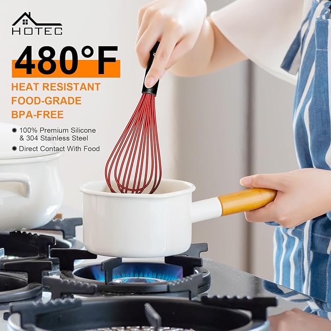 HOTEC 4 Pieces Silicone Whisks Set, Wire Balloon Whisks for cooking Egg Beater, Non-slip Handle Whisk for Non-stick Cookware Perfect for Cooking, Stirring, Beating and Blending,Multicolor