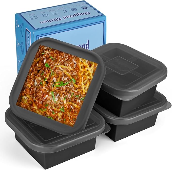 Kinggrand Kitchen 2 Cup Silicone Freezer Trays with Lid 4 Pack Silicone Freezer Molds soup freezer containers Make 4 Perfect Soups, Broths, Stews, Sauces, Curries (Black)