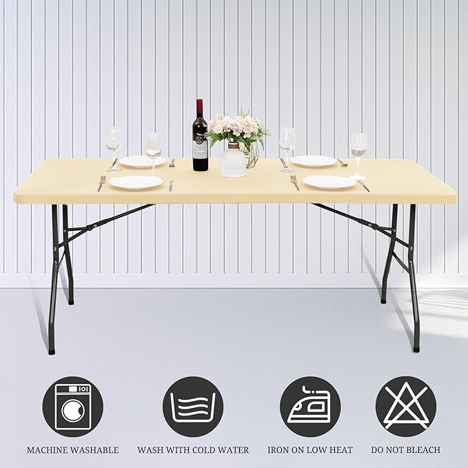 REWOMC 6 Pack Stretch Fabric Table Top Cap Cover, fits 6' Tables, Spandex Table Covers Washable Elastic Rectangle Tablecloth Protector for Indoor Outdoor Party Picnic Wedding, Beige, 30" W x 72" L