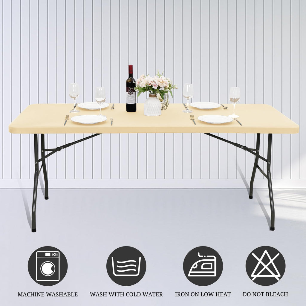 REWOMC 6 Pack Stretch Fabric Table Top Cap Cover, fits 8' Tables, Spandex Table Covers Washable Elastic Rectangle Tablecloth Protector for Indoor Outdoor Party Picnic Wedding, Beige, 30" W x 96" L