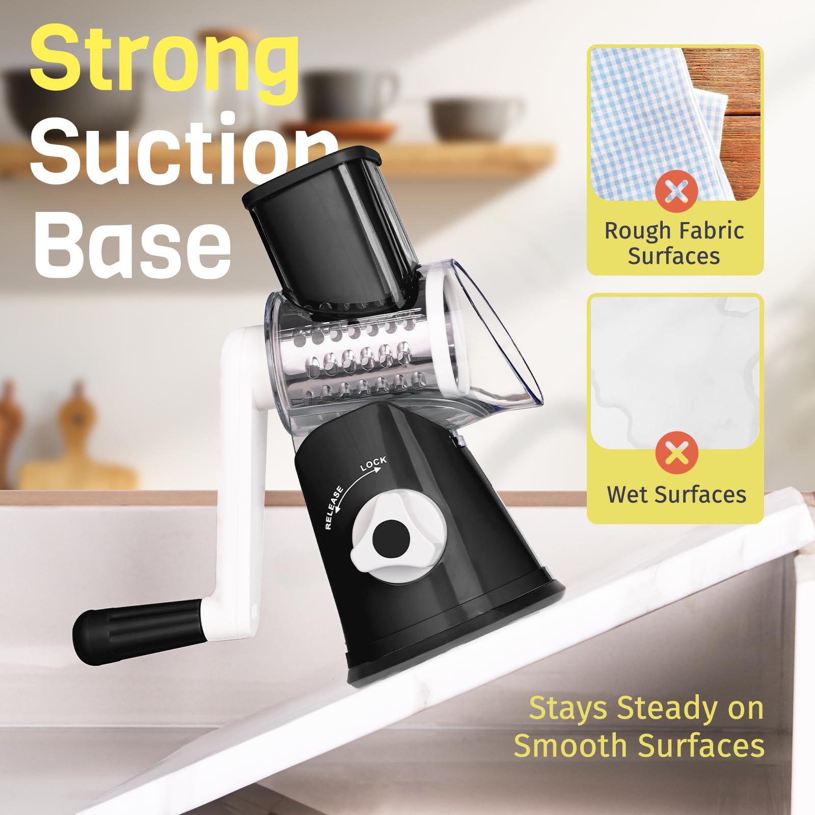 Cheese Grater Hand Crank, Rotary Cheese Shredder with 3 Interchangeable Blades for Coarse, Fine Shredding and Slicing, Strong Suction Base for Pizza, Pasta, Salad, Vegetables, Nuts, Chocolate