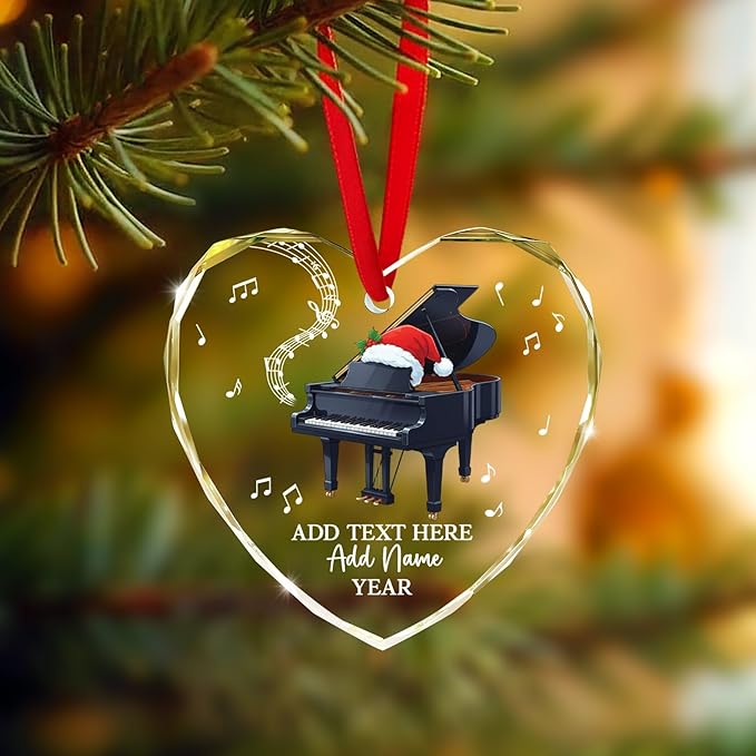 Customized Text Name & Year Piano Christmas Glass Ornament, Piano Lover Christmas Ornaments 2026, Personalized Pianist Xmas Tree Ornament, Musical Instrument Xmas Decor Gift for Son Daughter