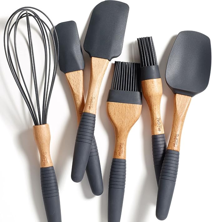 PortoFino Baking Utensils Set 6 Pieces, Baking Essentials, Set of 3 Spatulas, 2 Pastry Brushes, 1 Whisk, Baking Tools, Spatulas Silicone Heat Resistant, Silicone Cooking Utensils, Kitchen Gifts, Grey