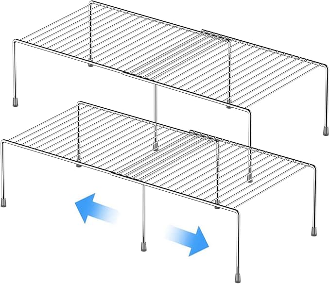 GEDLIRE Kitchen Cabinet Expandable Shelf Organizers Set of 2, Adjustable Metal Wire Pantry Storage Shelves, Plate Dish Organizer Rack for Cabinets, Cupboard, Counter, Freezer, Countertop, Chrome