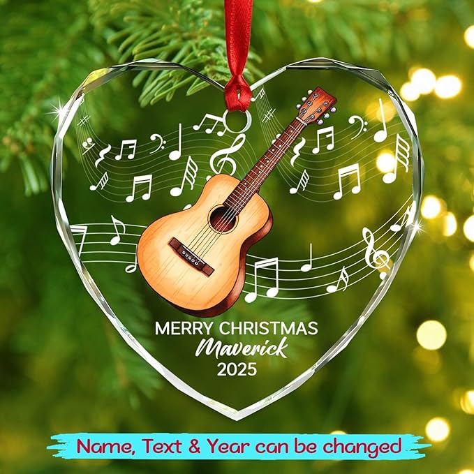 Personalized Guitar Glass Christmas Ornament 2026, Customized Text Year Name Keepsake Ornaments Gift for Guitarist Brother Sister Dad Mom Kids, Unique Guitar Musical Instrument Glass Xmas Ornament