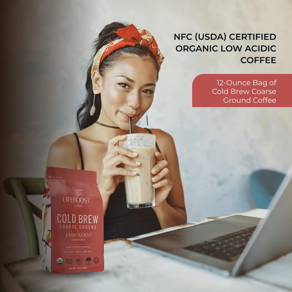 Lifeboost Dark Cold Brew Ground Coffee, Certified Organic Low Acid, 12oz