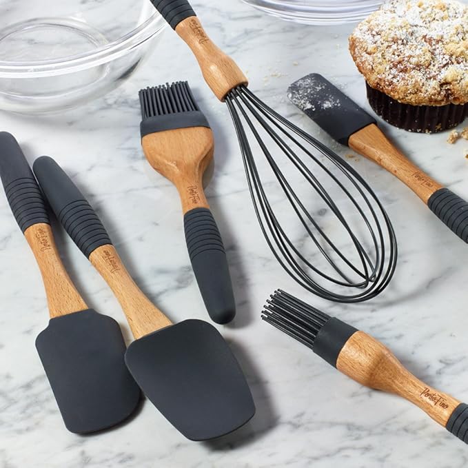 PortoFino Baking Utensils Set 6 Pieces, Baking Essentials, Set of 3 Spatulas, 2 Pastry Brushes, 1 Whisk, Baking Tools, Spatulas Silicone Heat Resistant, Silicone Cooking Utensils, Kitchen Gifts, Grey