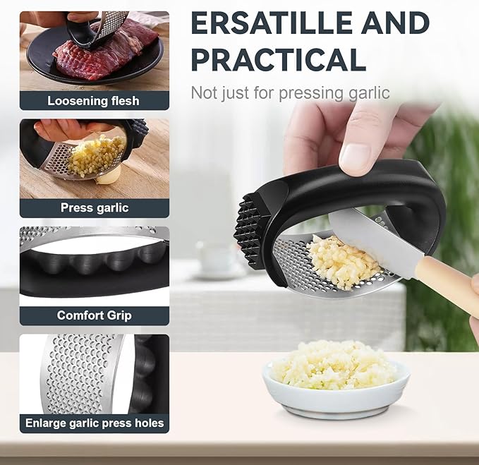 Ywmoml 2 Pack Garlic Press Rocker Set – Innovative Stainless Steel Garlic Mincer & Crusher with 2 Peelers, 2 Scrapers, and 2 Brushes for Effortless Garlic Prep | Complete Garlic Tool Kit (GREEN)