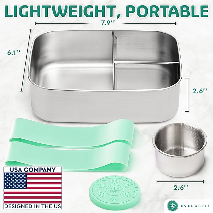Stainless Steel Bento Box + Condiment Container - Green, 47oz / 1.4 L