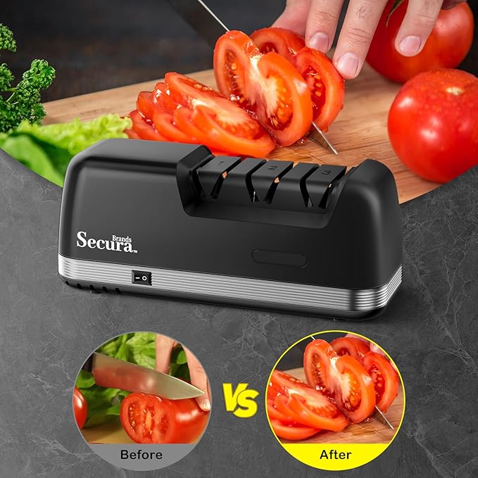 Secura 3-Stage Electric Knife Sharpener with Diamond Abrasives and Precision Angle Guides, Professional Sharpening Tool for Kitchen Straight Edge and Ceramic Knife, Black