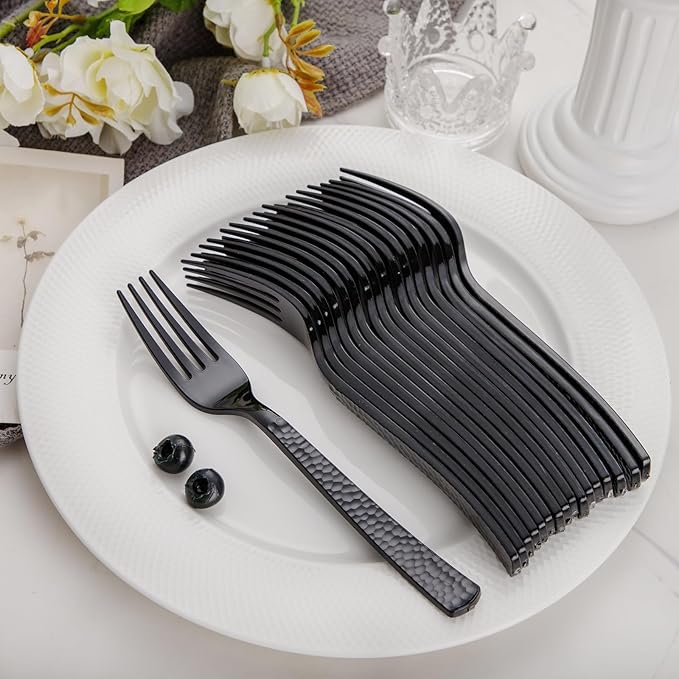 KIRE 400PCS Black Spoons and Forks Set - Black Plastic Silverware for Party
