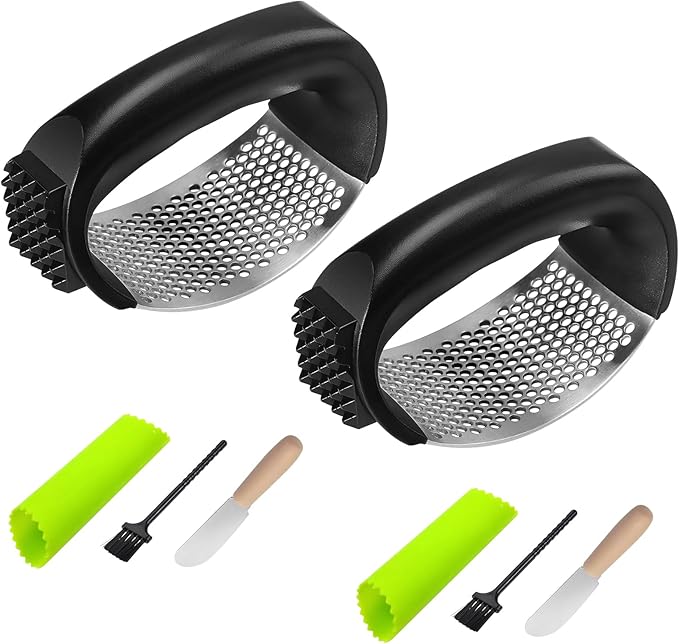 Ywmoml 2 Pack Garlic Press Rocker Set – Innovative Stainless Steel Garlic Mincer & Crusher with 2 Peelers, 2 Scrapers, and 2 Brushes for Effortless Garlic Prep | Complete Garlic Tool Kit (GREEN)