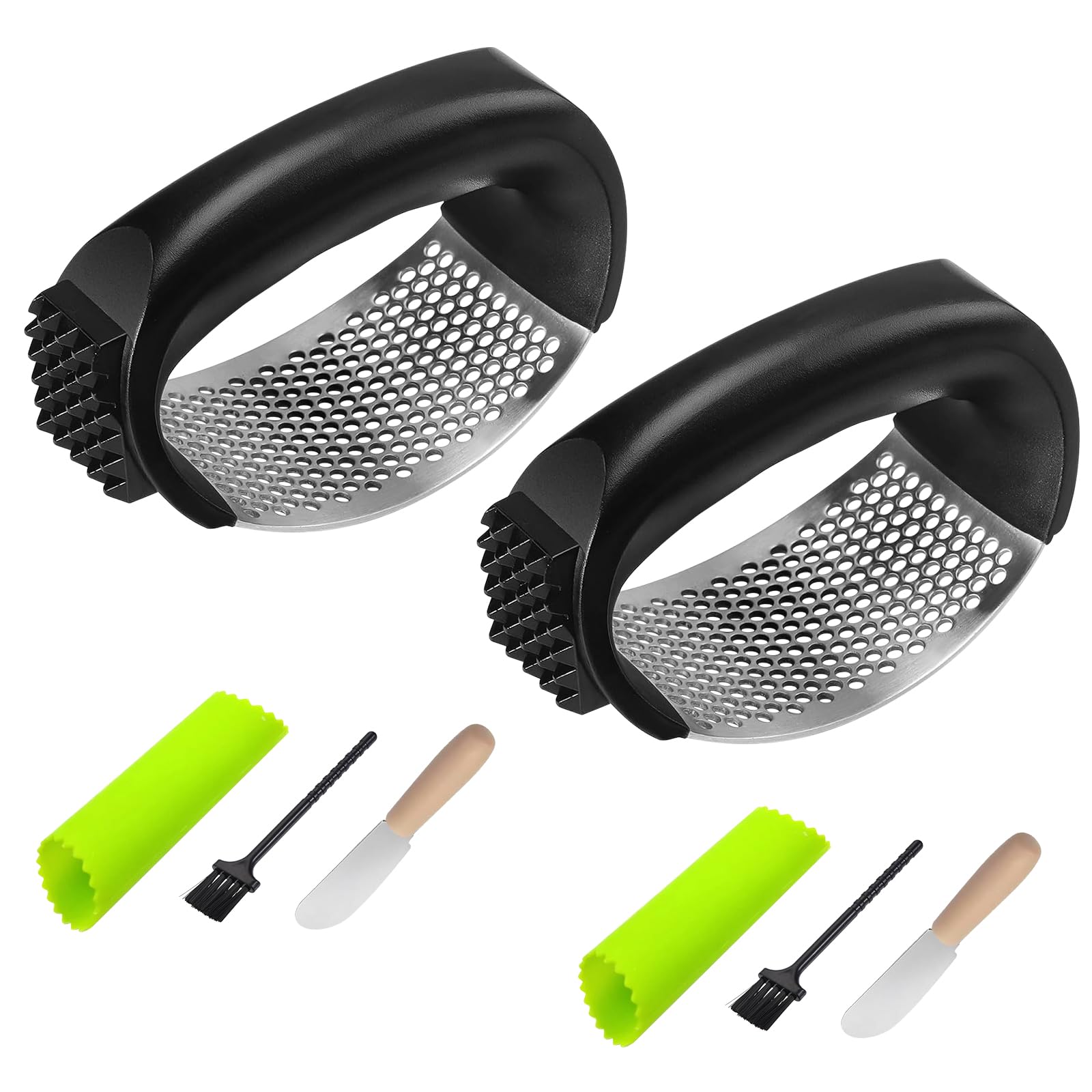 Ywmoml 2 Pack Garlic Press Rocker Set – Innovative Stainless Steel Garlic Mincer & Crusher with 2 Peelers, 2 Scrapers, and 2 Brushes for Effortless Garlic Prep | Complete Garlic Tool Kit (GREEN)