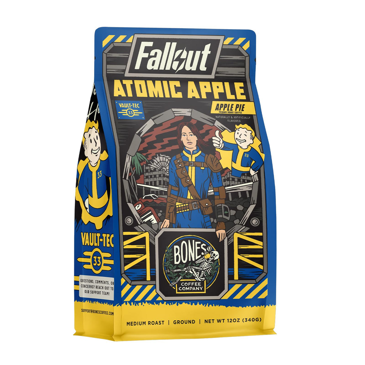 Bones Coffee Company Fallout Valiant Vanilla, Vanilla Wafer Flavored Coffee, Medium Roast Low Acid Arabica Beans Compatible with Auto drip and French Press Coffee Maker, 12 Oz Whole Bean