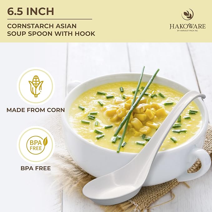 Disposable PLA Cornstarch Asian Soup Spoons with Hook Plastic-Free, 600 PK