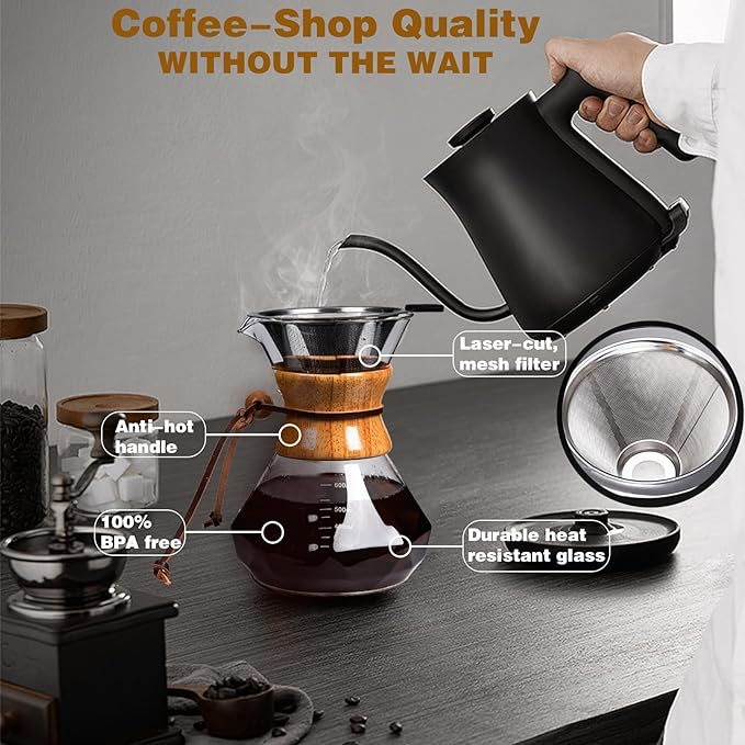 COFISUKI Pour Over Coffee Maker with Reusable Stainless Steel Drip Filter, Lead-Free Borosilicate Glass Coffee Carafe with Modern Wooden Collar for 1-4Cup, Diamond Clear (600ml/20oz)