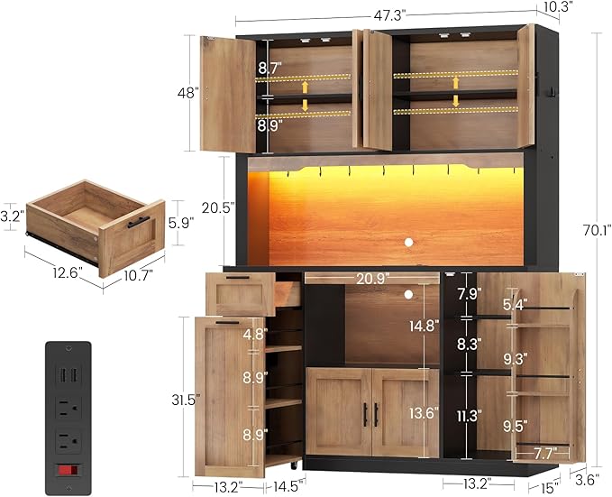 Itaar 71" Pantry Cabinet with Charging Station and LED Light, Kitchen Pantry Cabinet with Microwave Stand, 47.2" Wide Kitchen Storage Cabinets with Storage Cart 3 Tier for Dining Room,Brown