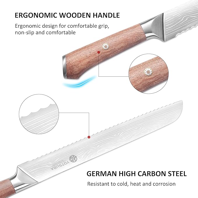YOTSUBA 10 Inch Japanese Style Premium Natural Rosewood Bread Knife