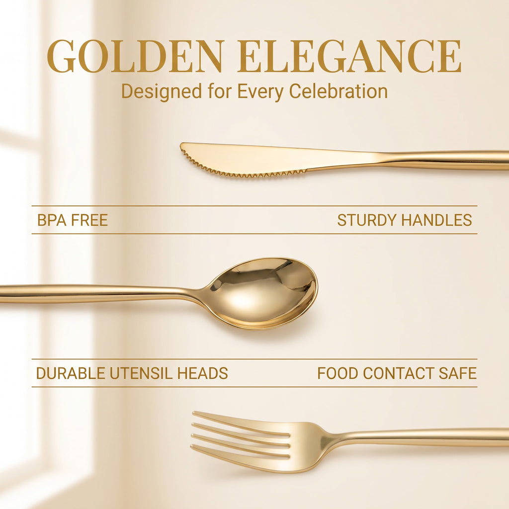 SUT 150PCS Gold Plastic Silverware Set, Heavy Duty Disposable Cutlery for Party,Includes 50 Forks, 50 Spoons and 50 Knives, Elegant Plastic Flatware for Wedding, Birthday and Catering