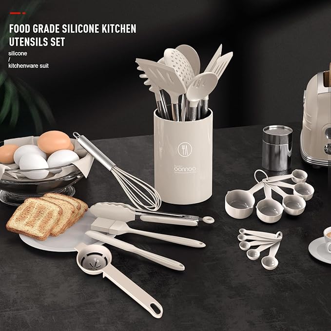 oannao Large Silicone Cooking Utensils Set - Heat Resistant Kitchen Utensils,Turner Tongs,Spatula,Spoon,Brush,Whisk,Stainless Steel Cooking Tool for Nonstick Cookware,Dishwasher Safe (Khaki)