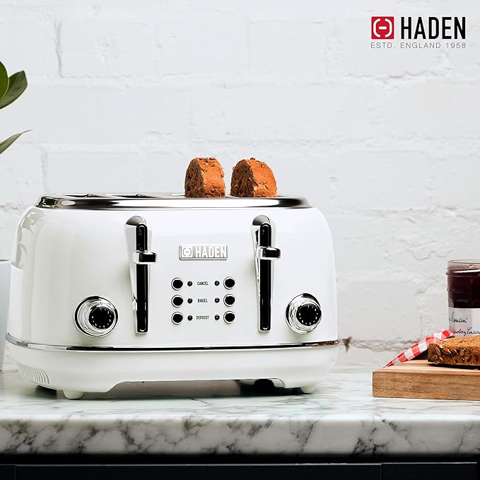 HADEN Heritage Toaster with Extra Wide Slots, 1500-Watt, Ivory & Chrome - Retro Stainless Steel Design with Self-Centering Function, 4 Slice Adjustable Browning Control & Removable Crumb Tray
