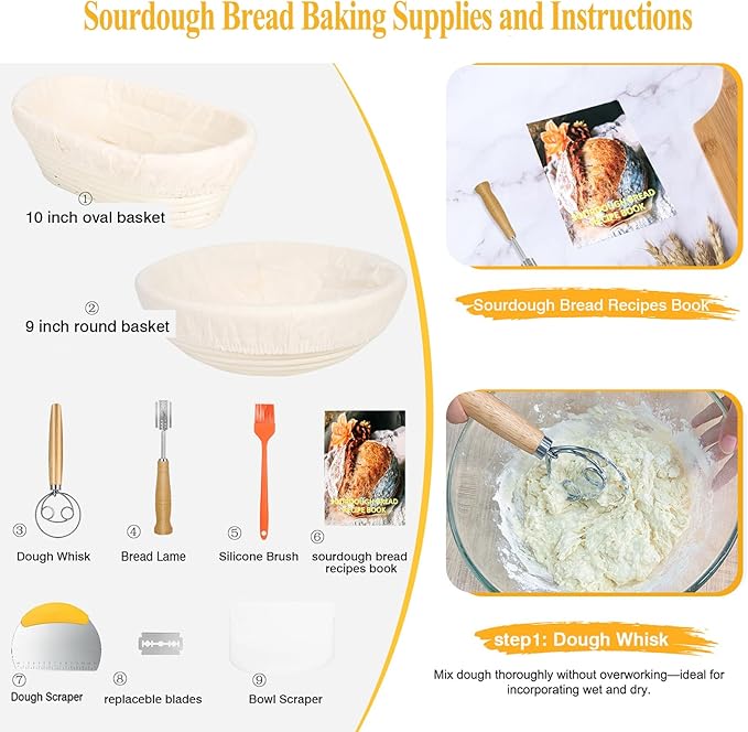 Banneton Bread Proofing Basket Set with Liners,9 Inch Round & 10 Inch Oval Sourdough Baking Kit for Professional & Home Use