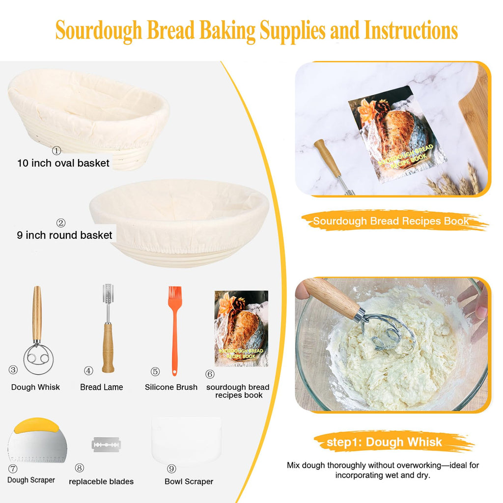 Banneton Bread Proofing Basket Set with Liners,9 Inch Round & 10 Inch Oval Sourdough Baking Kit for Professional & Home Use
